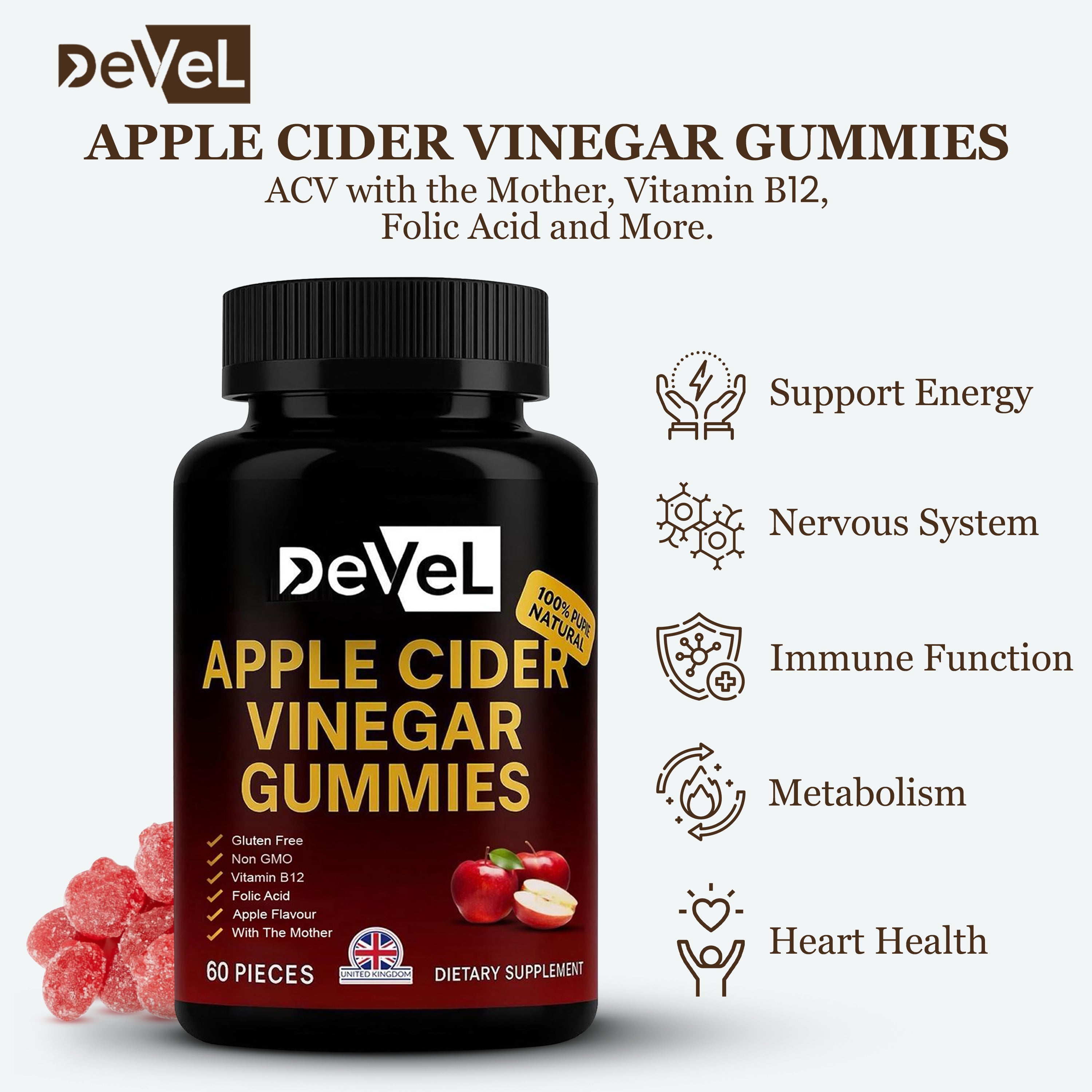 Apple Cider Vinegar Gummies by DEVEL – l 60 Gummies l