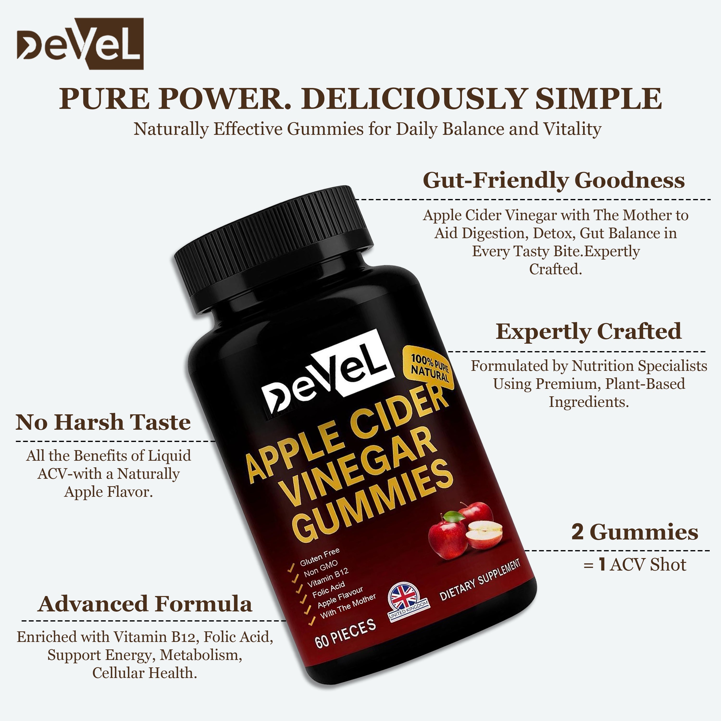 Apple Cider Vinegar Gummies by DEVEL – l 60 Gummies l