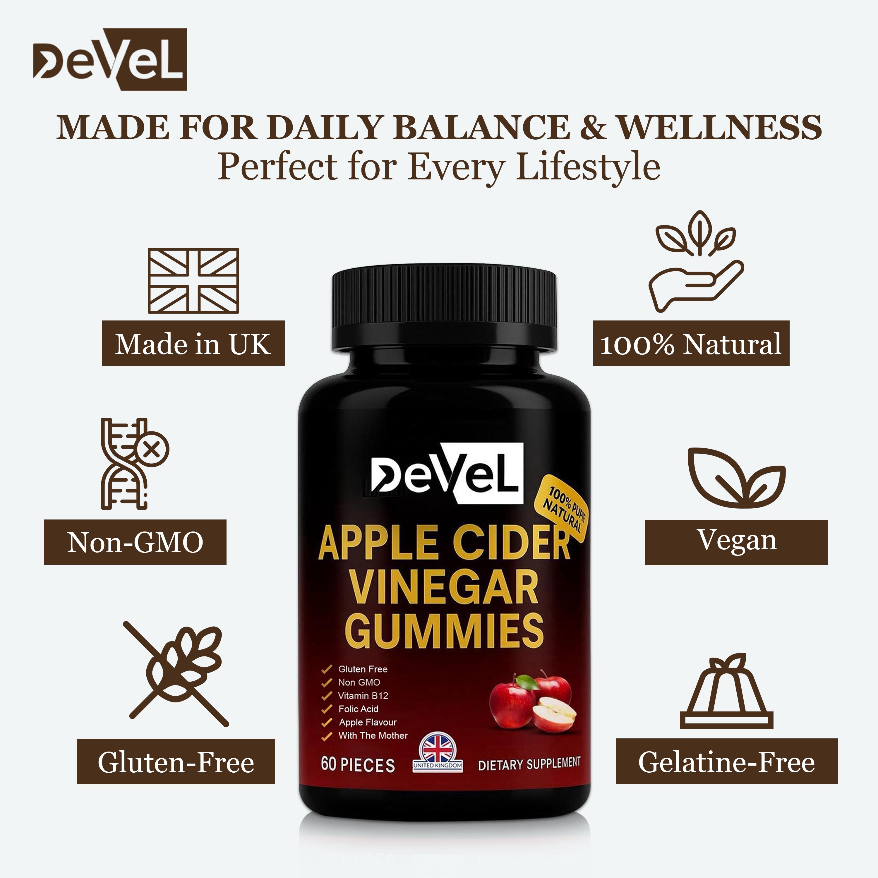Apple Cider Vinegar Gummies by DEVEL – l 60 Gummies l